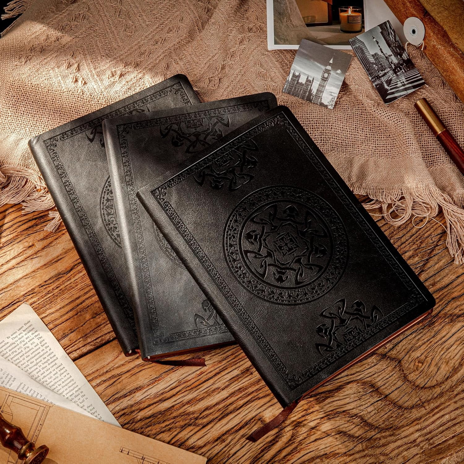 CAGIE 3 Pack Leather Vintage Journal for Men Soft Cover Lined Pages Notebook 180 Lay Flat for Writing Travel Diary, 5.7'' x 8.3'', Black