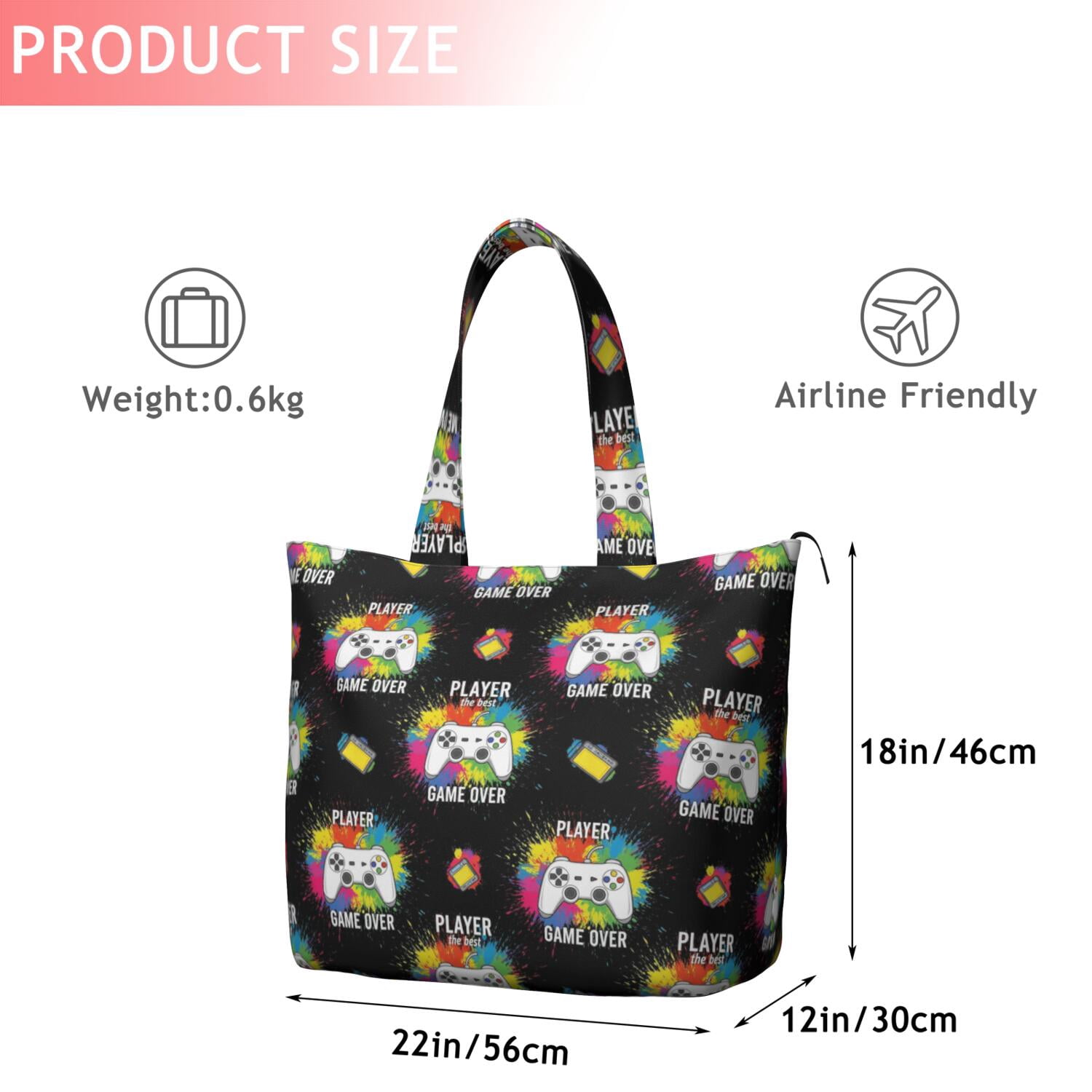 Colorful Controllers Games Symbols Black Pattern Travel Tote Bags for Women Carry On,Large Weekender Bags for Women Travel,Multi Functional Duffle Bag for Work,Shopping,Sports