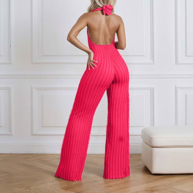 WILLBEST Mono Informal de Verano para Mujer, Mono Sexy con Escote En V, Plisado, Pierna Ancha, Largo, para Uso Diario, Trabajo y Fiestas. Grande