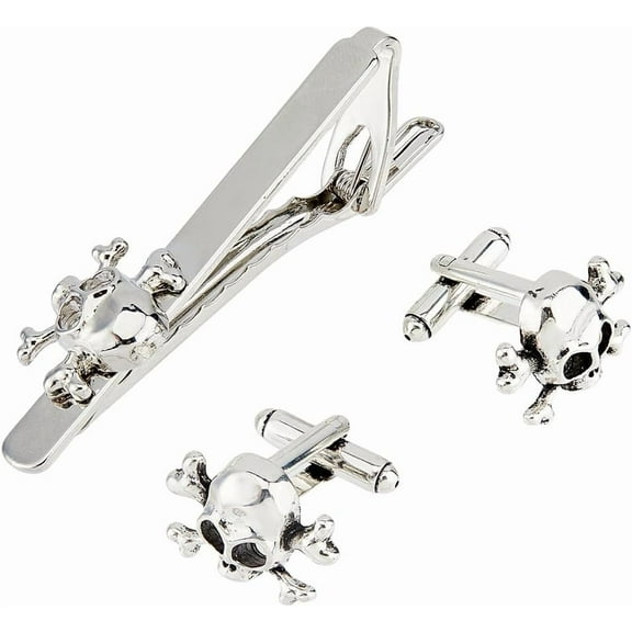 Skull Cuff links Tie Clip Set Novelty Tie Bar Clip Skeleton Cuff Links Necktie Bar Clips Men's Cufflinks and Necktie Clips set