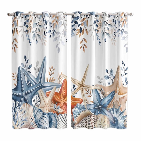 Blue Coastal Kitchen Curtains Window Panels, Summer Beach Starfish Weeping Eucalyptus Insulated Window Treatment Curtain, Grommet Curtains for Bedroom/Living Room/Bathroom, 2 Piece 52"Wx84"L