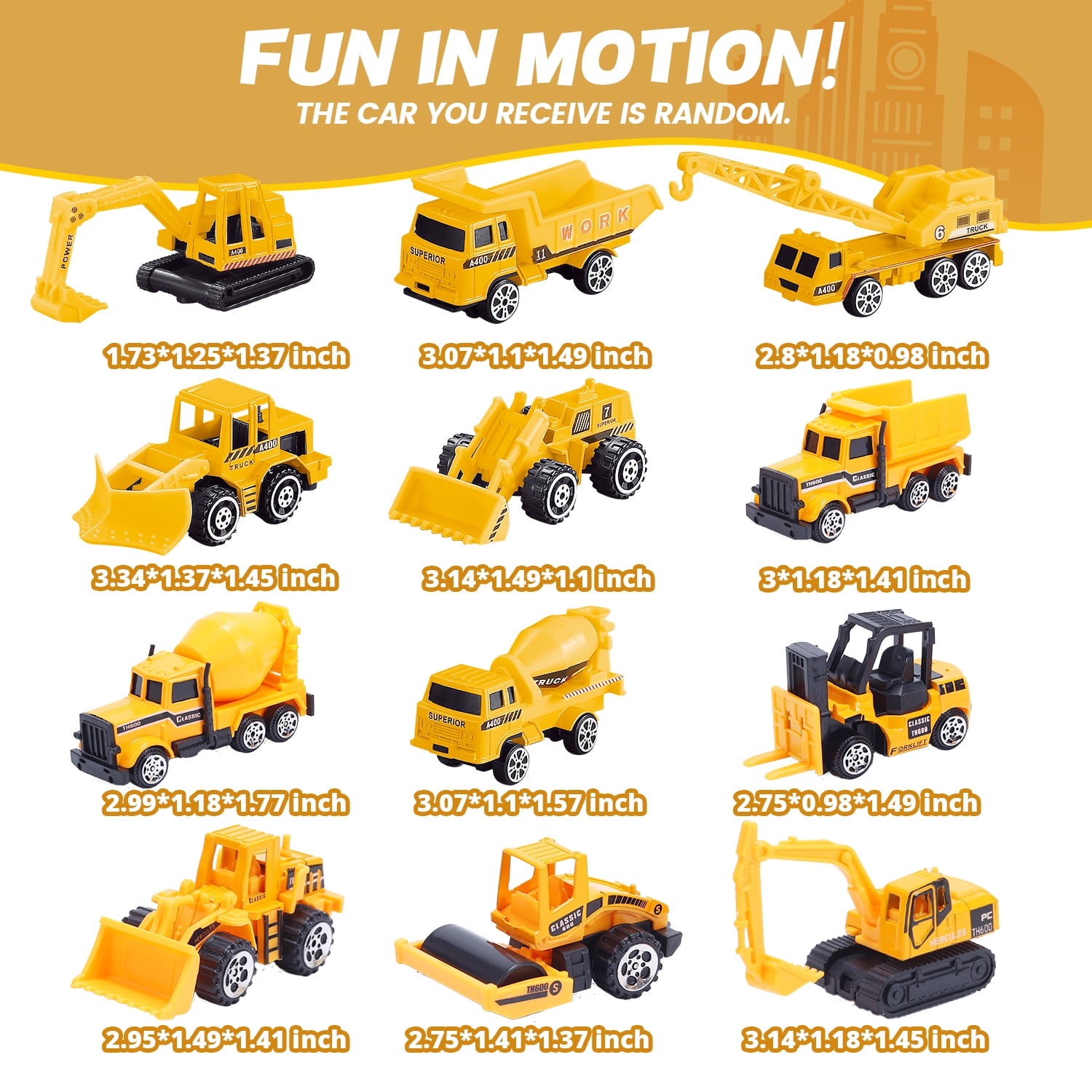 JoyStone 33-in-1 Die-Cast Construction Vehicle Set with Lights & Sounds, Alloy Car Transport Truck Toy, Birthday Gift for Kids, Yellow