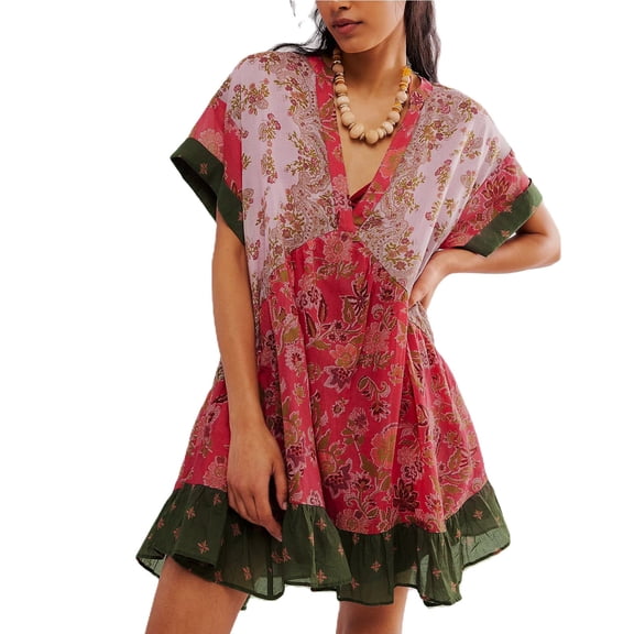 EliteGoogv Womens Boho Dresses Deep V Neck Short Sleeve Mini Dresses For Women Loose Fit Ruffle Hem Summer Dresses Vacation Beach Vacation Dresses