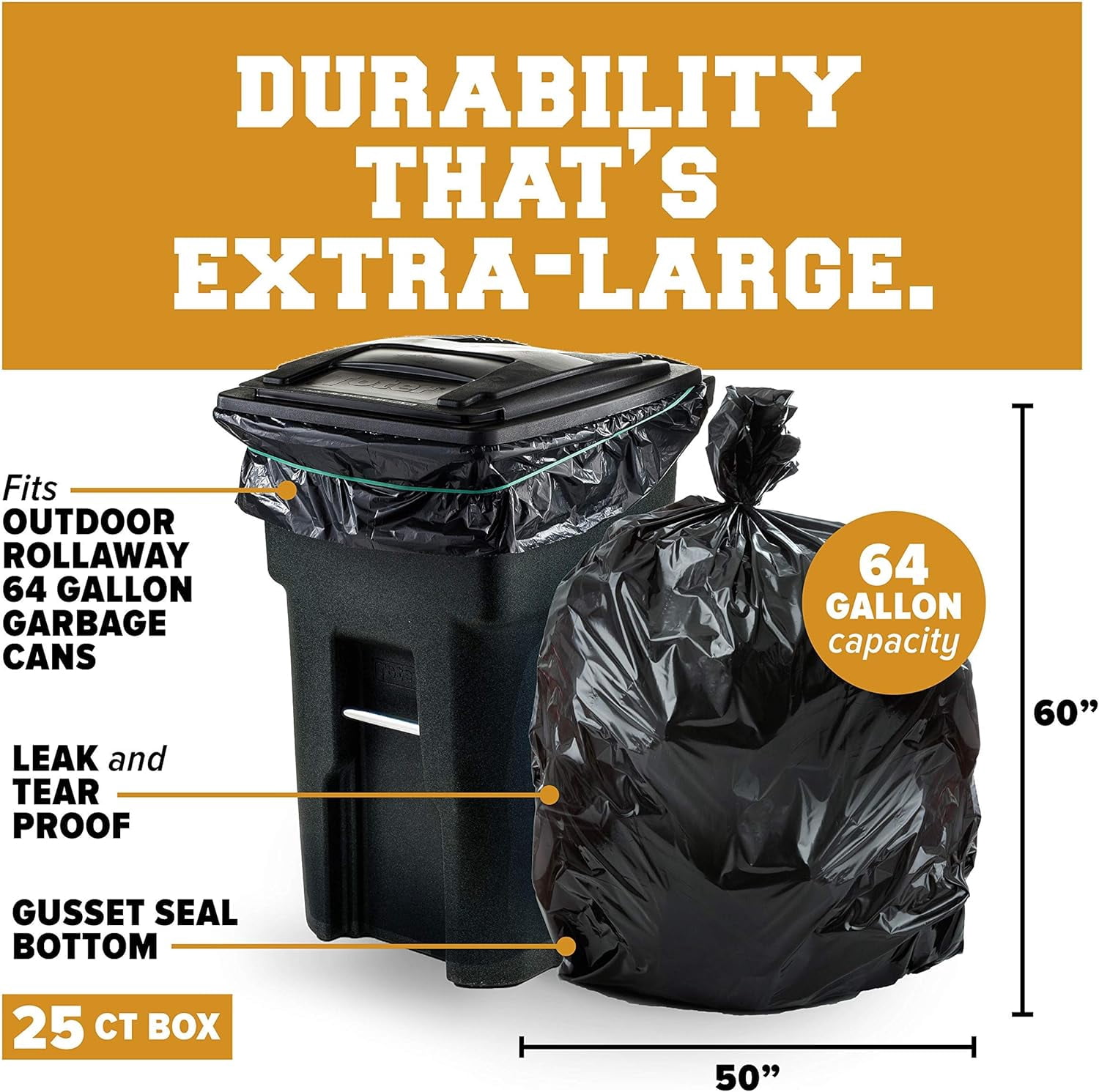 Plasticplace 64-65 Gallon Trash Can Liners for Toter │ 3.0 Mil │ Black Heavy Duty Garbage Bags │ 50” x 60” (25 Count)