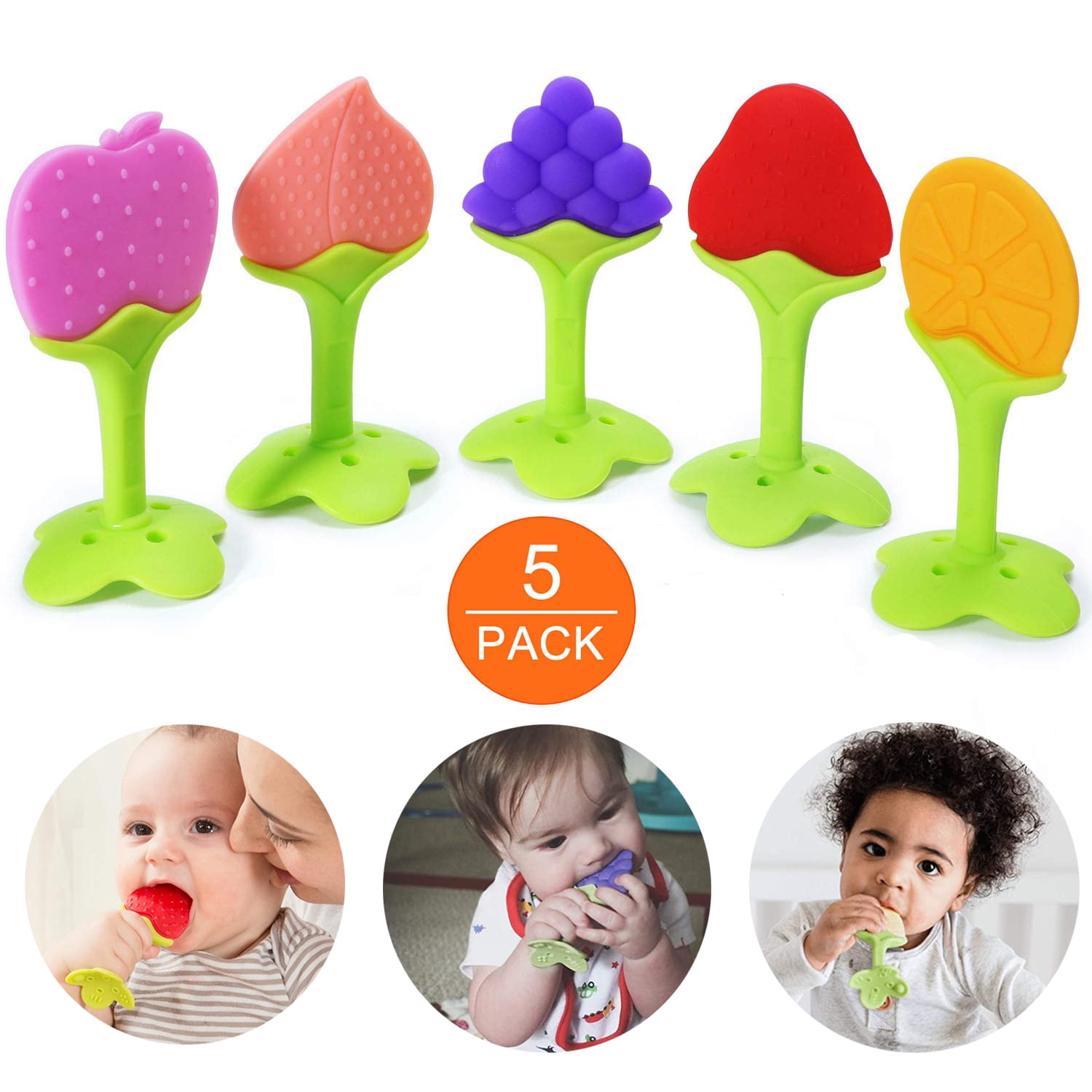 BPA Free and FDA Approved for Infant Toddler 5 Pack of Cute Fruit Teethers Freezable and Flexible Safe Silicone Teething Toys for Boys and Girls and Baby Use 