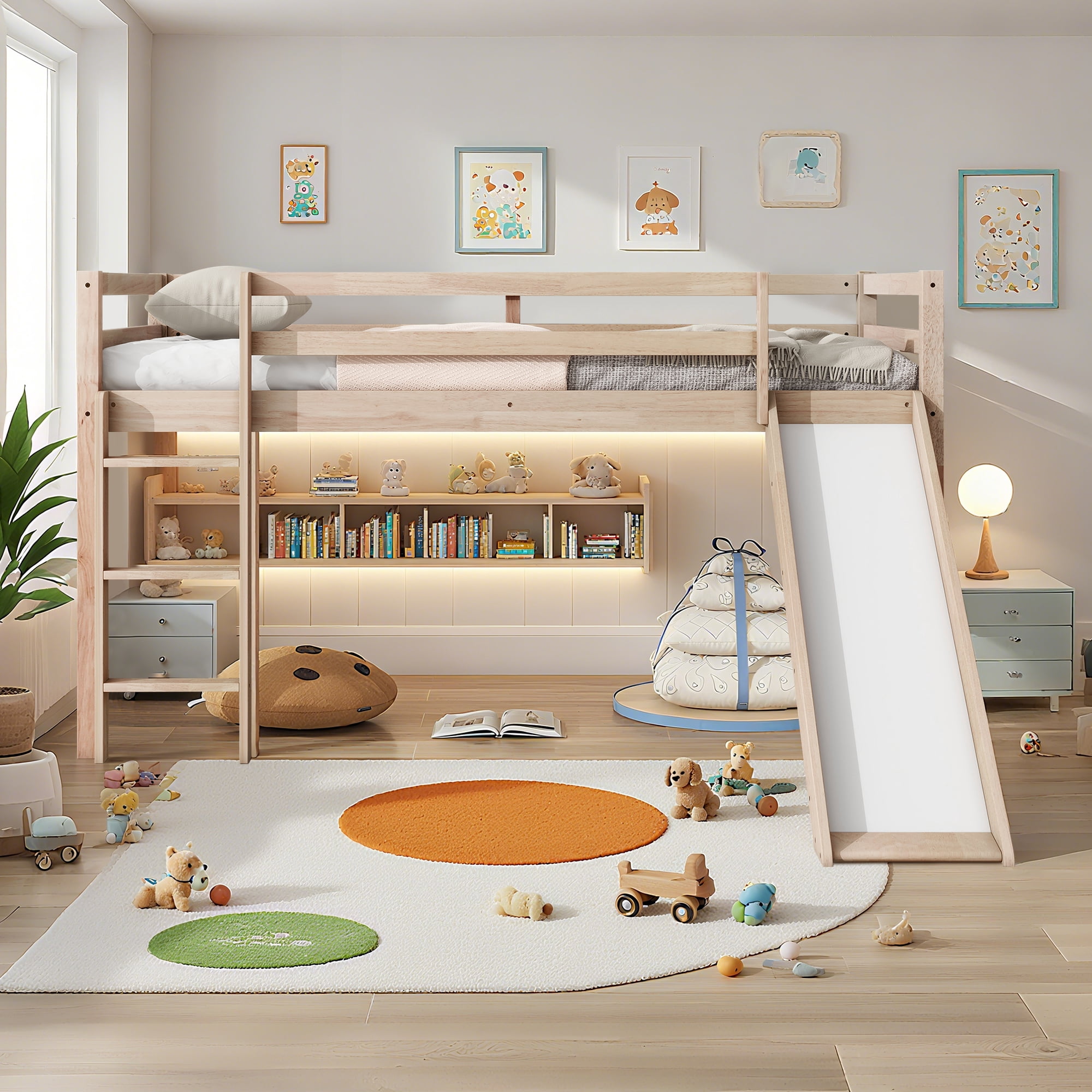 Miniyam Twin Size Kids Loft Bed with Slide, Guardrails, Light oak