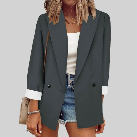 BSDJILFG Oversized Blazers for Women Chino Dressy Jacket Loose Fit Double Breasted Notch V-Neck Office Blouse
