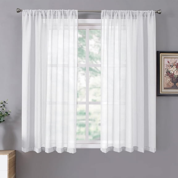 Short Sheer Curtain Living Room Linen Textured Curtains, Sheer Light Filtering Voile, Rod Pocket Curtain for Bedroom, 38 x 54 Inches Long, White, Set of 2 Panels