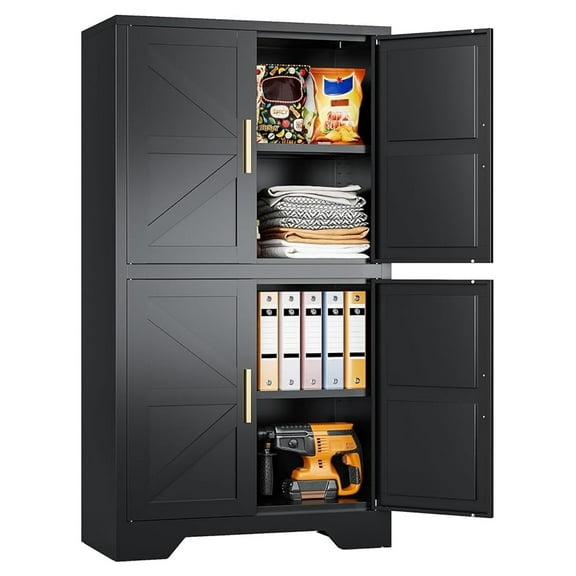 Black Storage Cabinet with 4 Doors and 2 Adjustable Shelves,Farmhouse Food Pantry Cabinets,Small Bathroom Cabinet,4 Tier Metal Storage Cabinets for Home Kitchen,Dining/Living/Laundry/Room