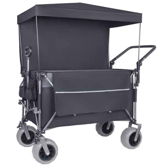 GDF Studio Push-Pull Folding Beach Wagon with Canopy, Balloon Tires, Large Capacity for Transport, Groceries, Black