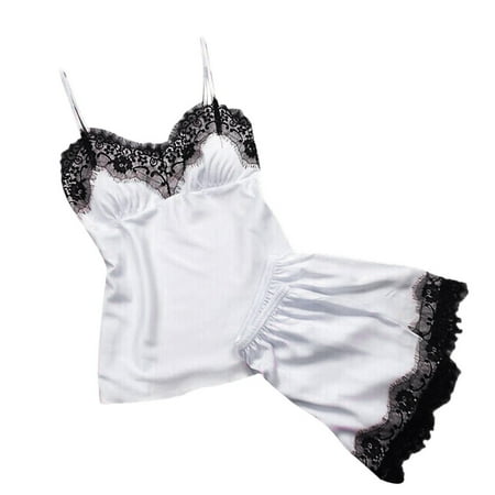 

Yotyukeb Lingerie For Women Women Sleepwear Sleeveless Strap Nightwear Lace Trim Satin Cami Top Pajama Sets (White)