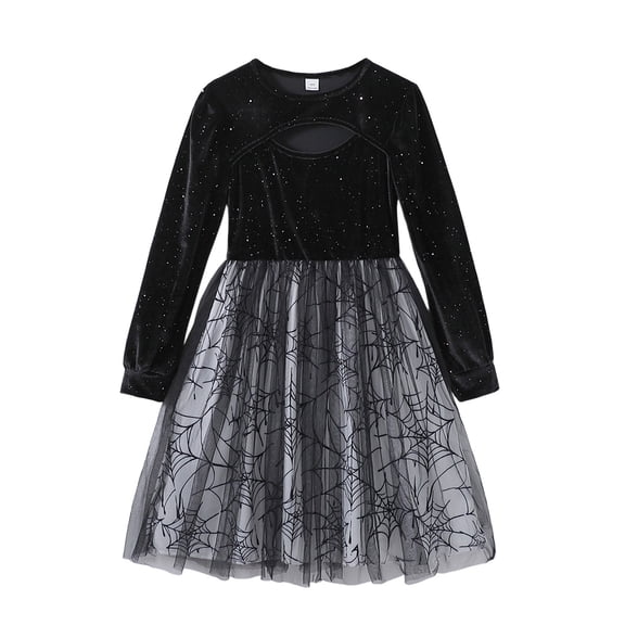 Girls Spider Web Tutu Dress Long Sleeve Princess Halloween Party Kids Cute Dress Up Holiday Photo 7-12Years