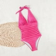 thumbnail image 2 of UTSJKR Womens Tie Halter One Piece Swimsuits Trendy Low Cut Padded Ribbed Bathing Suits Slimming Surfing Monokini Swimwear Hot Pink S, 2 of 5