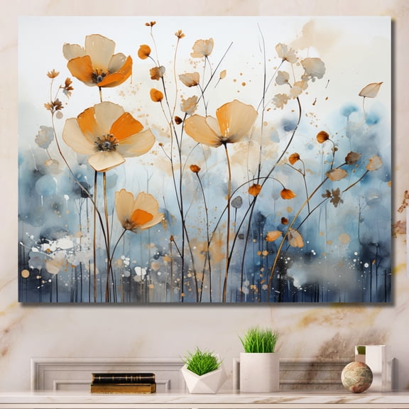 Designart "Orange Blue Muted botanics II" Abstract Botanicals Wall Art Print