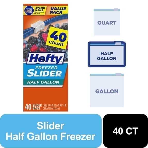 (2 pack) Hefty Slider Freezer Kitchen Storage Bags, Half gallon Size, 40 Count