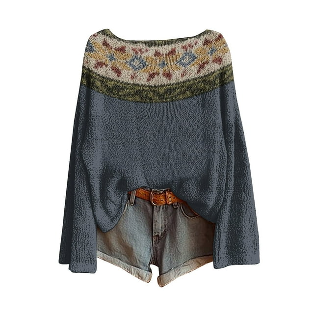 WTXUE Chandail Léger Vintage Fair Isle pour Femmes, Col Rond Décontracté, Manches Longues, Chandail Tricoté, Imprimé Artistique Vintage Fair Isle Rétro, Blouses Surdimensionnées Confortables, Tops Boho Doux Gris TTG