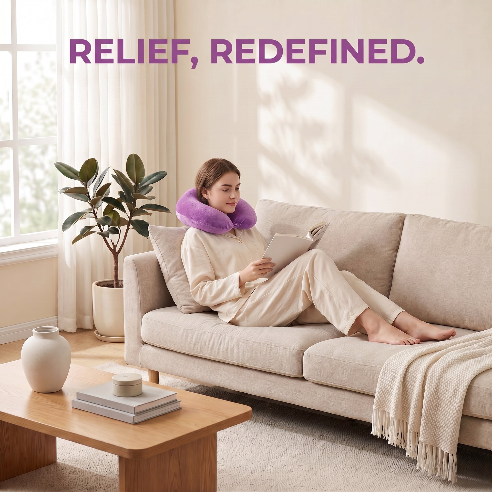 Unique Bargains Memory Foam Neck Pillow U Shape with Snap Closure Lilac purple 12"x12"x5"
