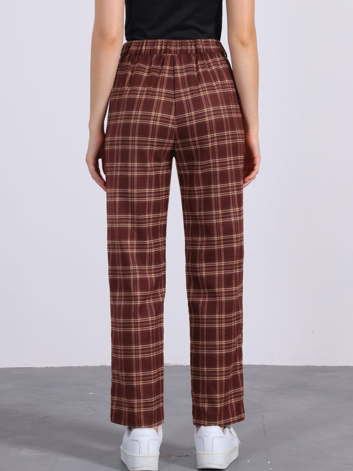 DARING DIVA Women's Plaid Pants Elastic Waist Casual Office Long Trousers M Wine Red