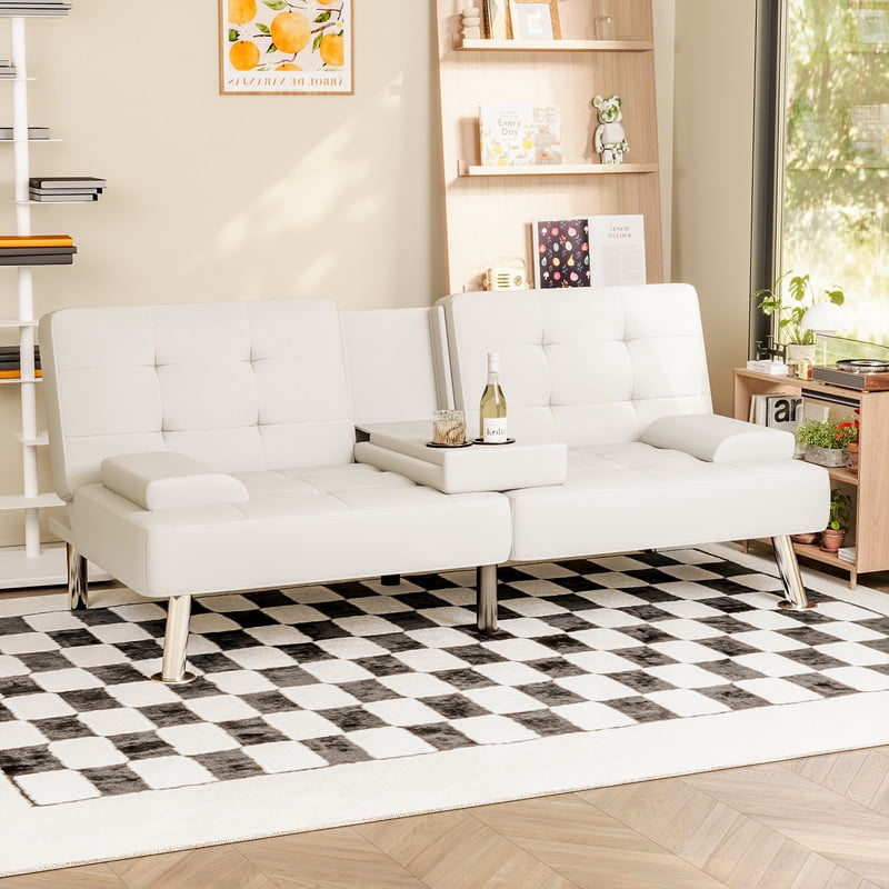 Lacoo Linen Futon Sofa Bed Modern Convertible Sleeper Couch with Removable Armrests & Cup Holders for Living Room,Small Spaces,PU Leather White