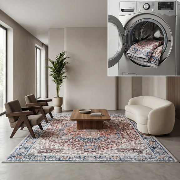 SAFAVIEH Arizona Robina Oriental Machine Washable Area Rug, Red/Navy, 10' x 14'