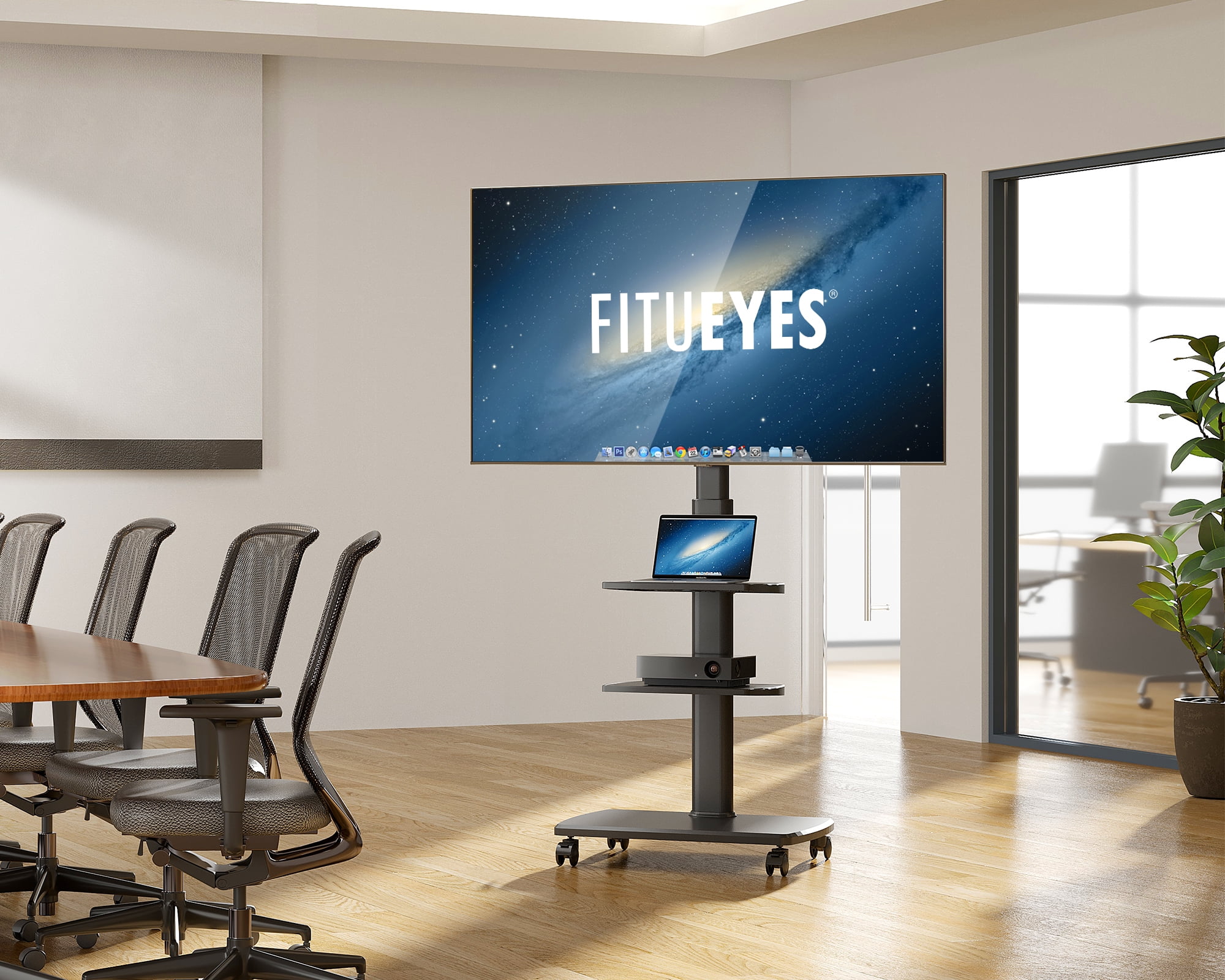 FITUEYES Universal Mobile TV Cart with Swivel Mount,Rolling TV Stand for 32- 65 Inch TVs, Wood Base & Lockable Wheels