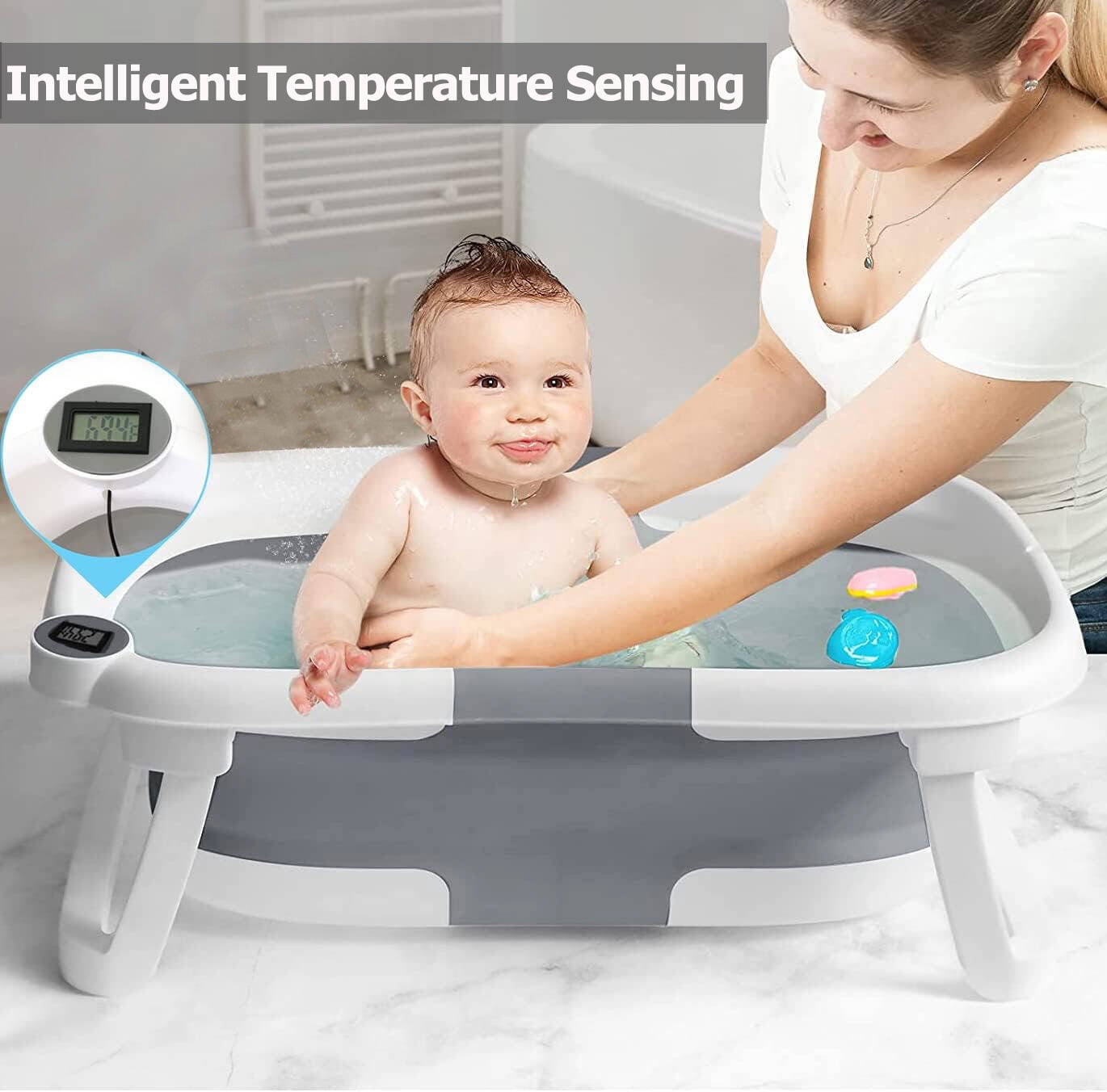 Morfone Collapsible Baby Bathtub for Newborn with Thermometer & Soft Cushion, Portable Travel Baby Tub for Infant to Toddler 0-36 Months, Gray