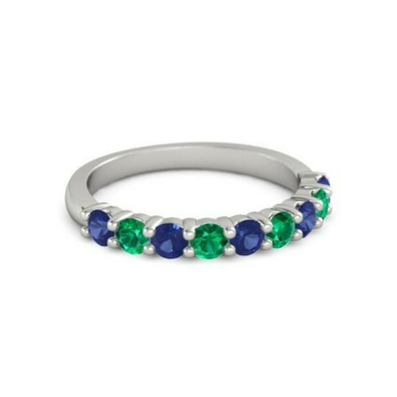 925 Sterling Silver Round 2.50 MM Blue Sapphire Emerald Eternity Women Ring