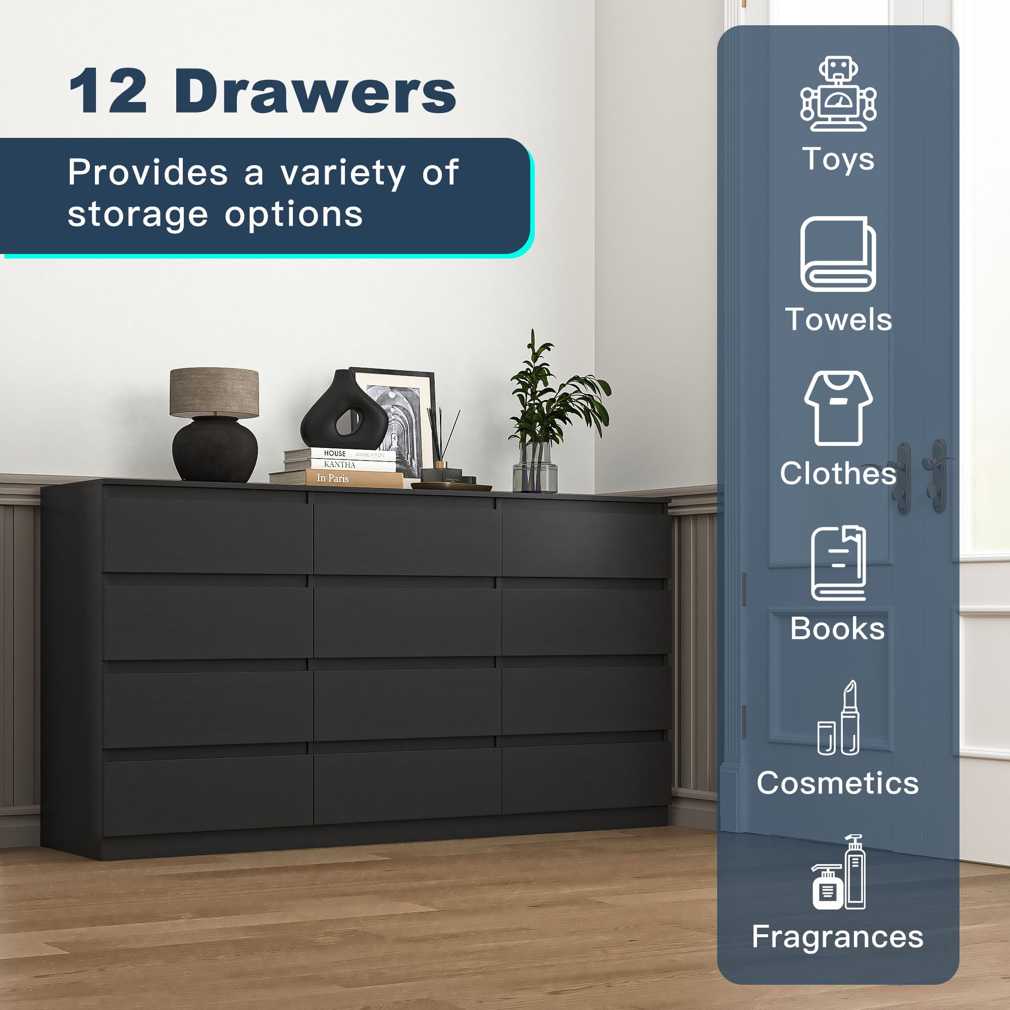 Finihen 12 Drawer Double Dresser, Modern 12 Chest of Drawers with Deep Drawers, Wide Storage Organizer Cabinet for Living Room, Kids, Black Finihen 12 Drawer Double Dresser, Modern 12 Chest of Drawers with Deep Drawers, Wide Storage Organizer Cabinet for Living Room, Kids, Black