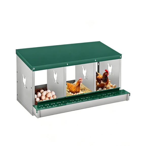 Chicken Nesting Box, 3 Room Galvanized Steel Laying Boxes, Metal Nesting Boxes for Hens with 10 Pads & 4 Fake Eggs, Easy Egg Collection, Vented Holes Poultry Nest for Chicken Coop, Red