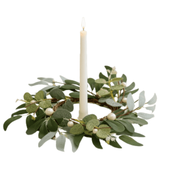 chaungfeng Candle Rings Wreaths, 12 Inch Center Artificial Eucalyptus Leaves Wreaths with Pearl Berries Small Boho Wreath Pillar Candle Holder for Wedding Home Door Tabletop Decor (Green)