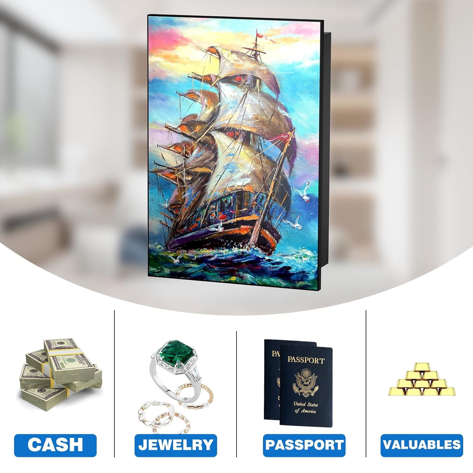POCHAR Picture Hidden In-Wall Safe with Key Lock - Heavy-Duty Steel Lockable Wall Safe Box for Jewelry, Cash, and Documents (Sailing)