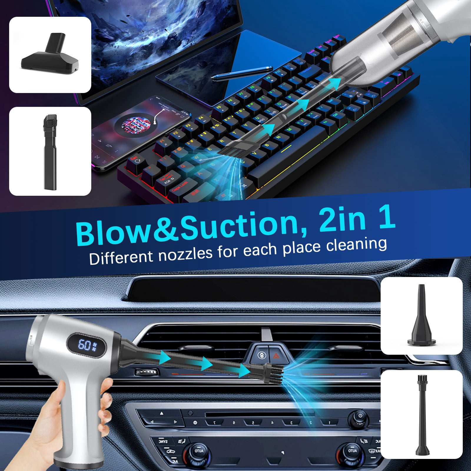 2-in-1 Handheld Car Vacuum Cleaner,2025 Portable Air Duster Suction Blower Rechargeable LED Display Multiple Nozzles,Efficient Cleaning For Cars Home Keyboards And Small Appliances-Free Size