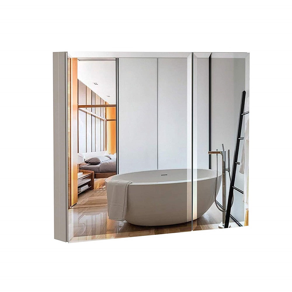 Taimei DIY Wall 2-Door Frameless Mirror Medicine Cabinet 30" Wx26" Hx4.5/8” D with Beveled edges, Color Satin, Bathroom Mirror Cabinet with Adjustable 2 Glass Shelves, Storage Cabinet by FOCA US