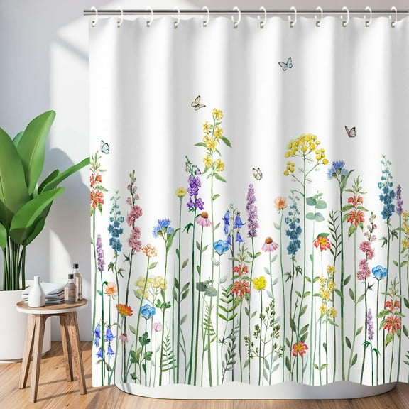 Floral Shower Curtain for Bathroom Flower Shower Curtain Watercolor Shower Curtain Colorful Butterfly Flowered Plant Wildflower Shower Curtain with Hooks, Machine Washable, 72''''Wx72''''H Spring