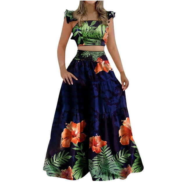 Conjunto de falda y top de manga corta informal con estampado floral de verano para mujer a la moda Wmkox8yi bvn3337