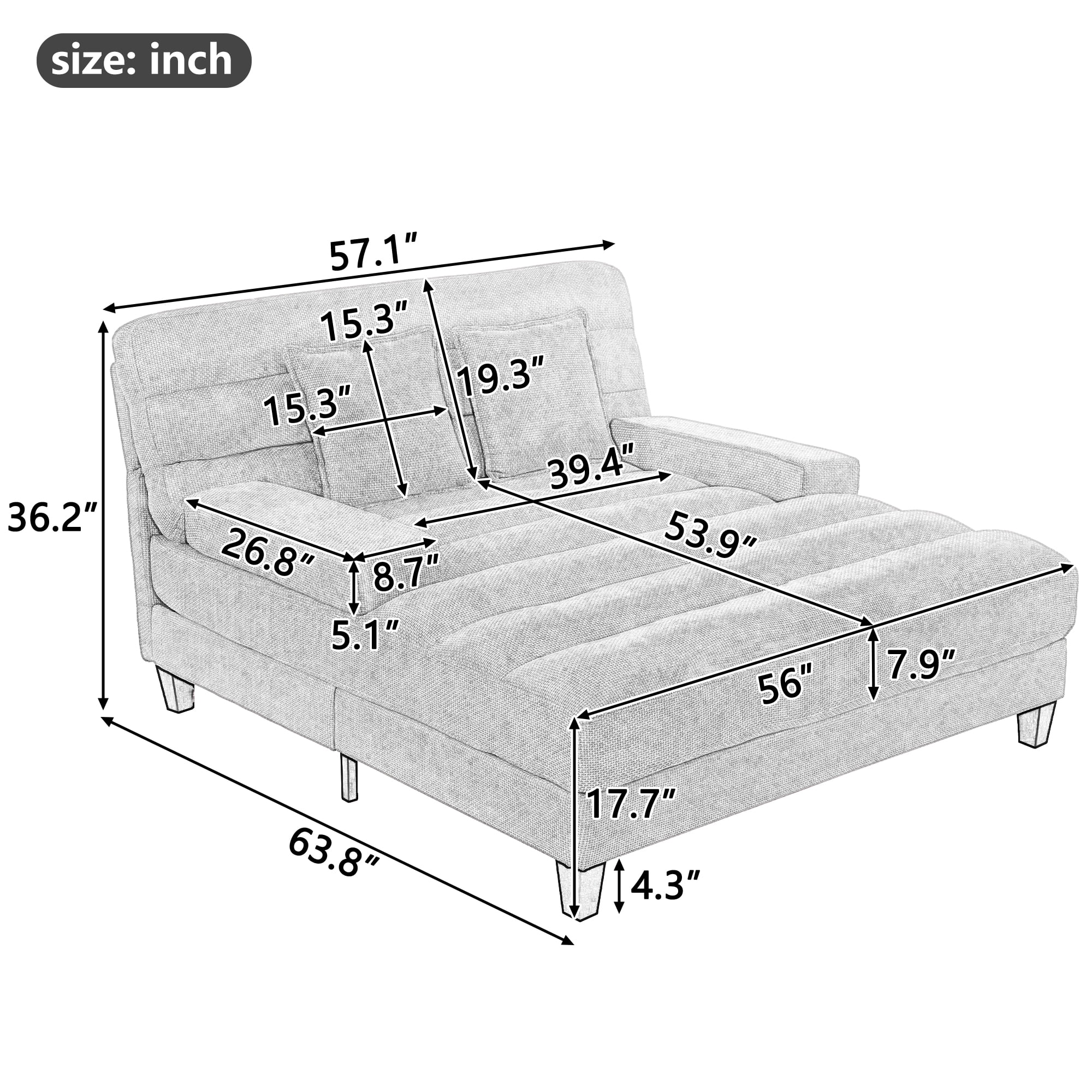 Euroco Modern Chaise Lounge Sofa 57.1" Sofa Bed Chenille Upholstered Lounge Sofa Chair with Adjustable Backrest and LED Light Strip for Living Room, Grey