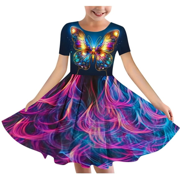 QIPOPIQ Girl's Summer Van Gogh Art 3D Print Crewneck Short Sleeve T-Shirt Swing Dress Clearance
