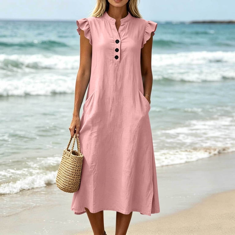 Waguth Cotton Linen Midi Dress for Women Ruffle Cap Sleeve Henley Neck Casual Loose Shift Dresses with Side Pockets, Women's, Size: 2XL