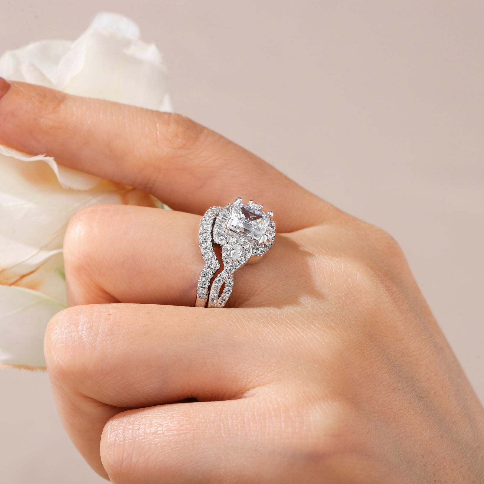 SFTING Engagement Rings for Women Princess Pear Cut Wedding Ring Set 5A CZ Silver 18K Plated Anniversary Mother's Day Gift for Her Size 6