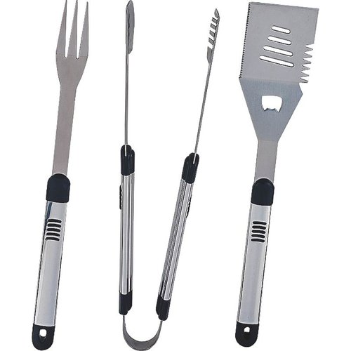 KitchenWorthy 3 Pc BBQ Barbeque Tool Set Spatula Tongs Fork Stainless Wood Hand 