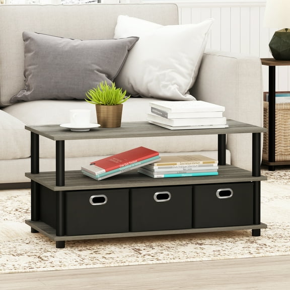 Furinno Frans Turn-N-Tube Coffee Table with Bin Drawers, French Oak Grey/Black/Black