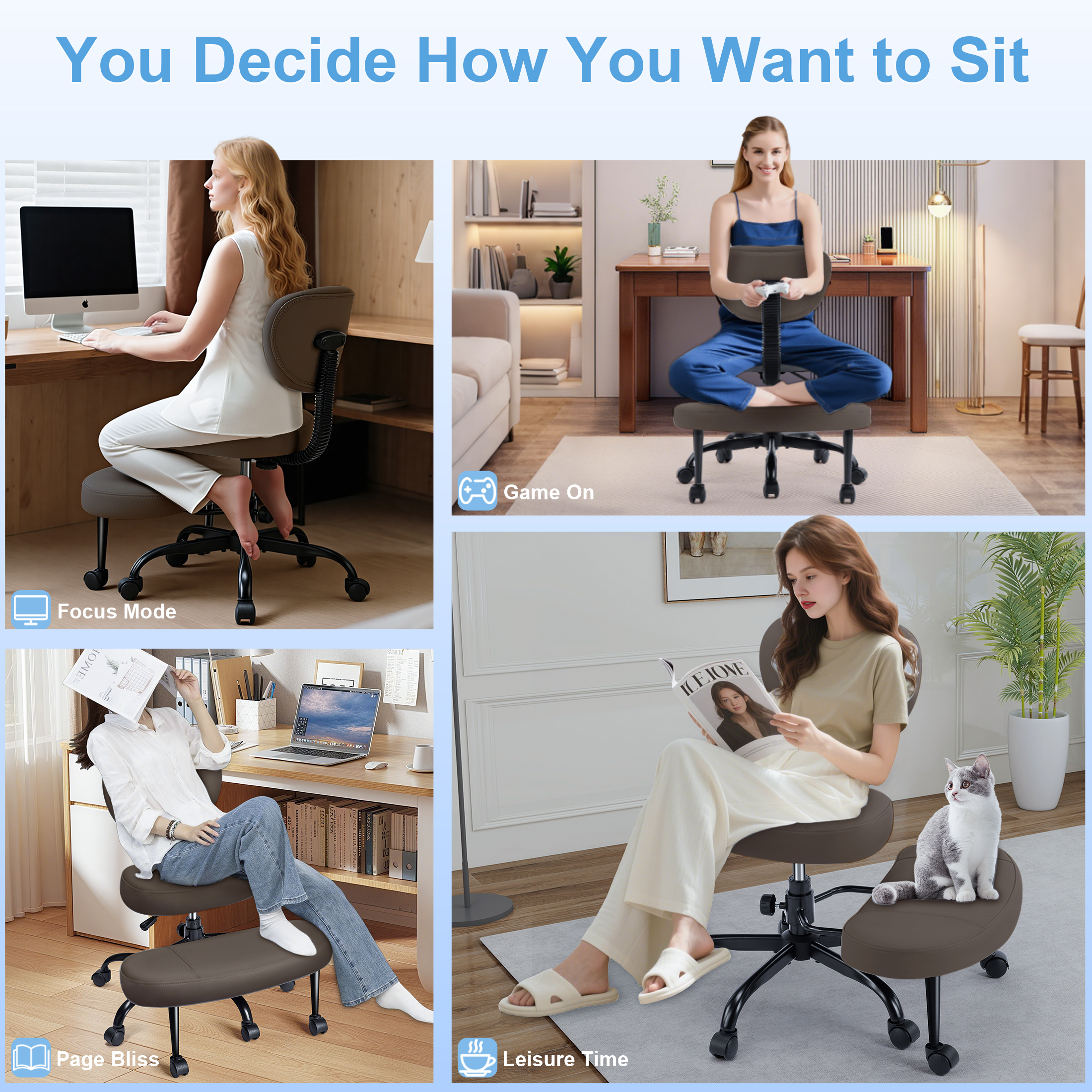 Dhole Kneeling Chair with Backrest - Ergonomic Office Chair for Cross-Leg Sitting, Adjust Height, 360° Rotating Footrest & Wheels, Posture Support for ADHD/Home Office/Meditation, Brown