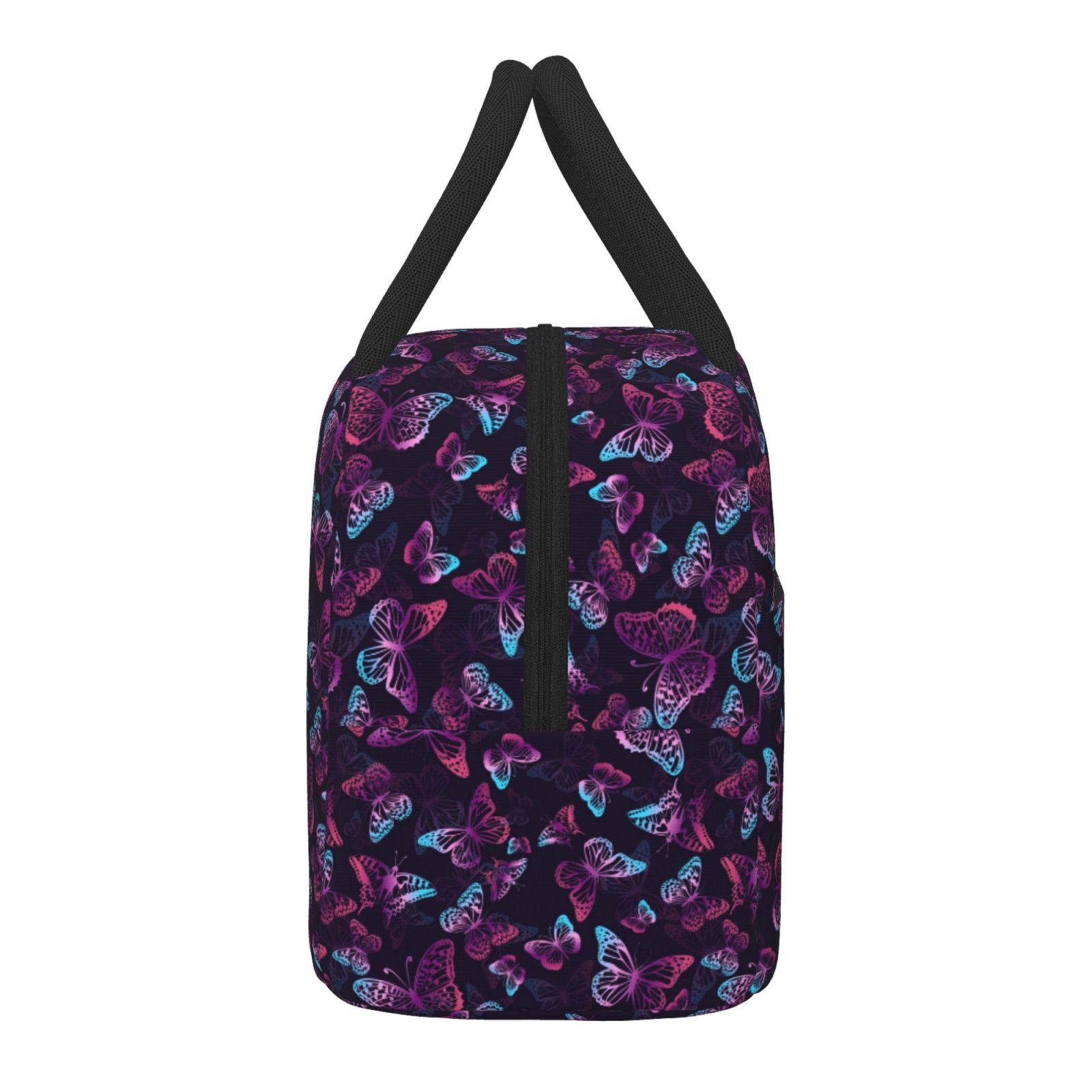 Horeoi Purple Butterfly Pattern Large Insulated Lunch Bag for Work, School, Picnic - Waterproof, Durable Oxford Cloth, Comfortable Handle-Black