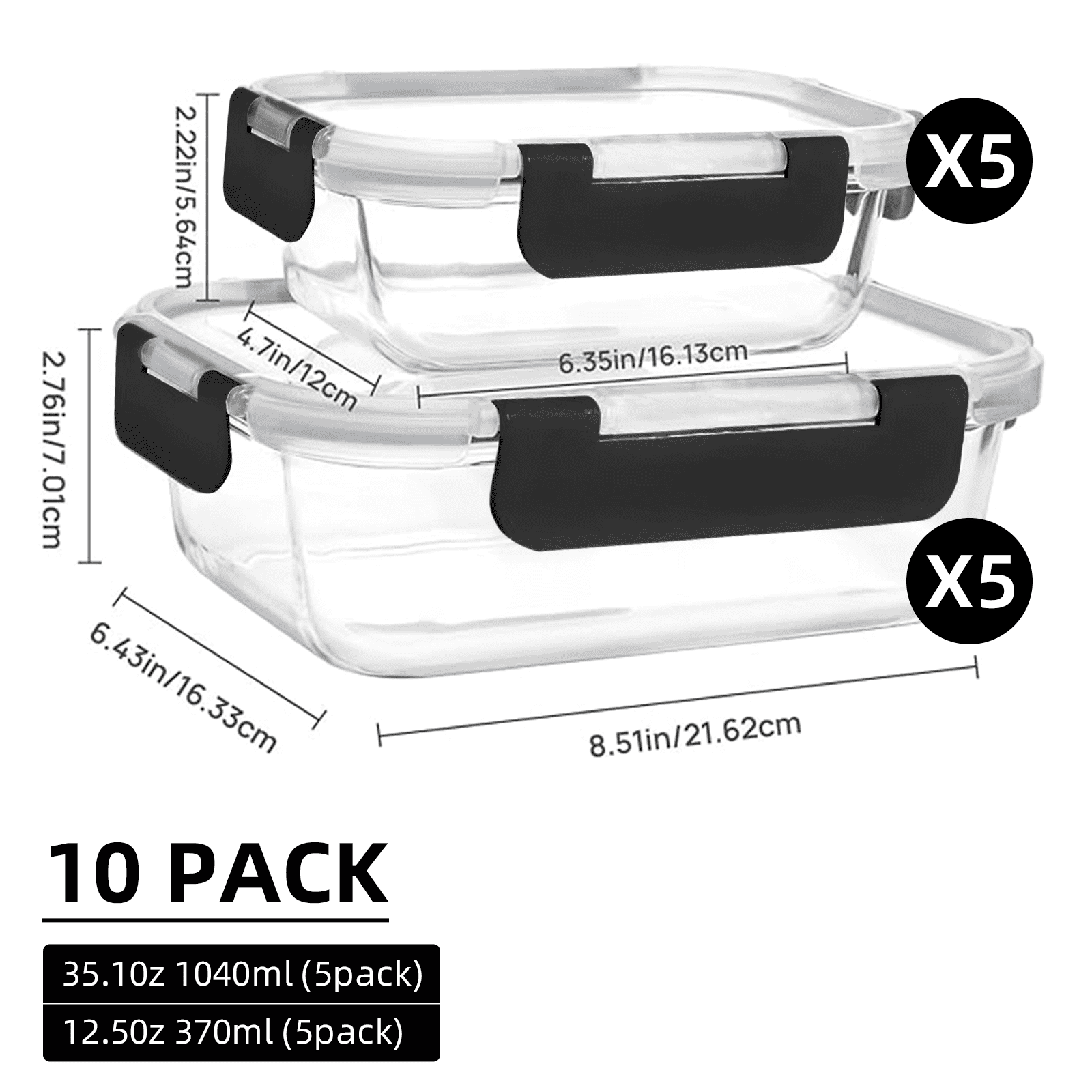 stusgo 20 Pack Glass Food Storage Containers with lids（ 5 x1040 ml, 5 x370 ml）, BPA Free，Reusable for Kitchen Organization (10Pcs Black)