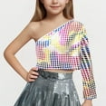 thumbnail image 2 of Diufon Girls Sparkly Tops Trendy Single Shoulder Plaid Glitter Party Crop Tops Performance Dance Shirt for Teen, 2 of 4