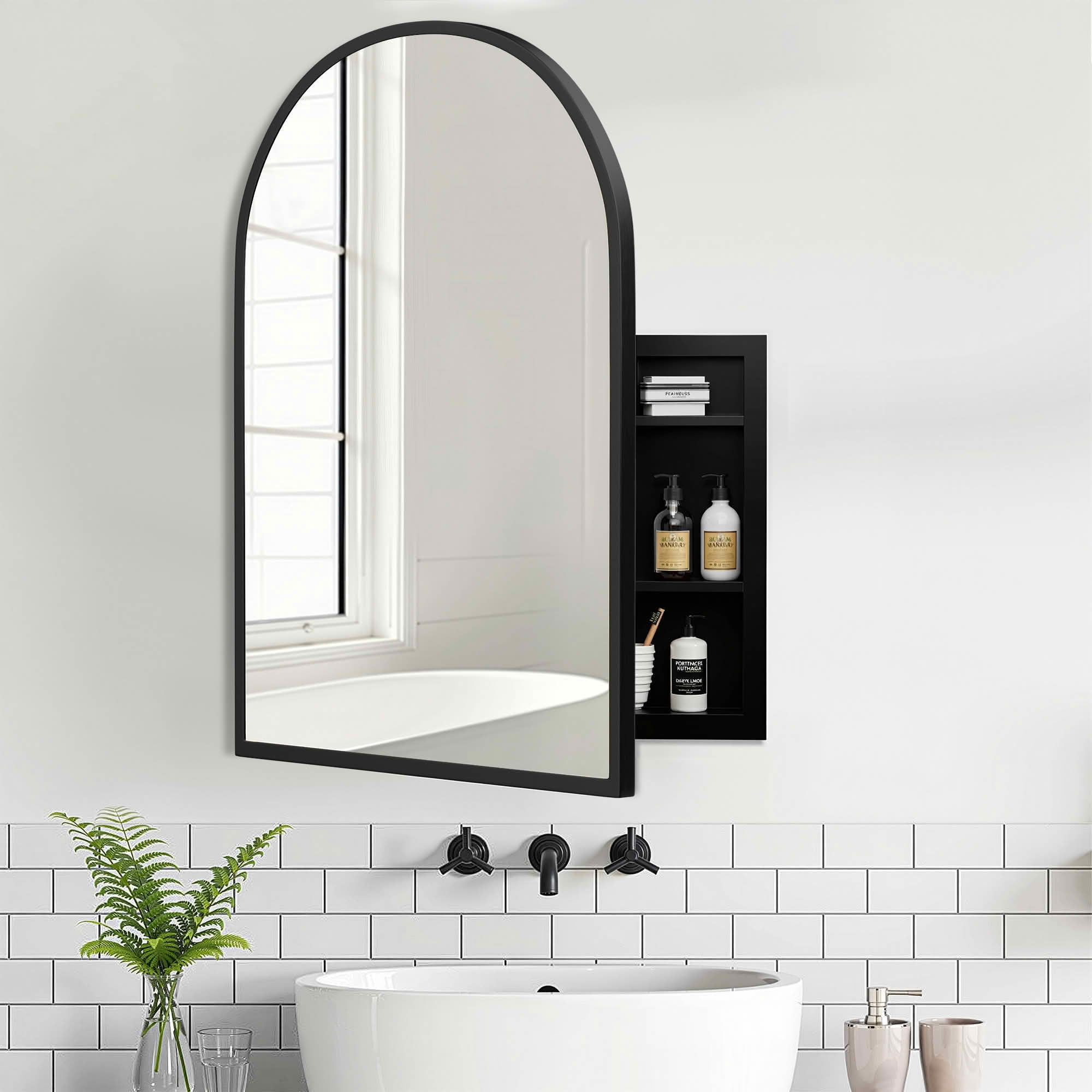 MAYEERTY 39x30x5 Inch Black Metal Round Corner Arched Medicine Cabinet for Bathroom