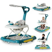 GAMBE 4 in 1 Foldable Baby Walker, with Removable Canopy, Footrest, Music , Light, Small Toys, Green