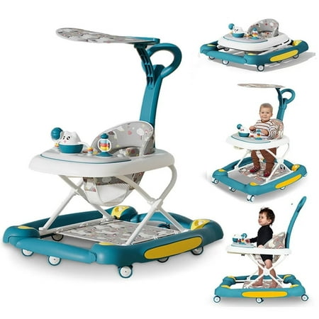 GAMBE 4 in 1 Foldable Baby Walker, with Removable Canopy, Footrest, Music , Light, Small Toys, Green