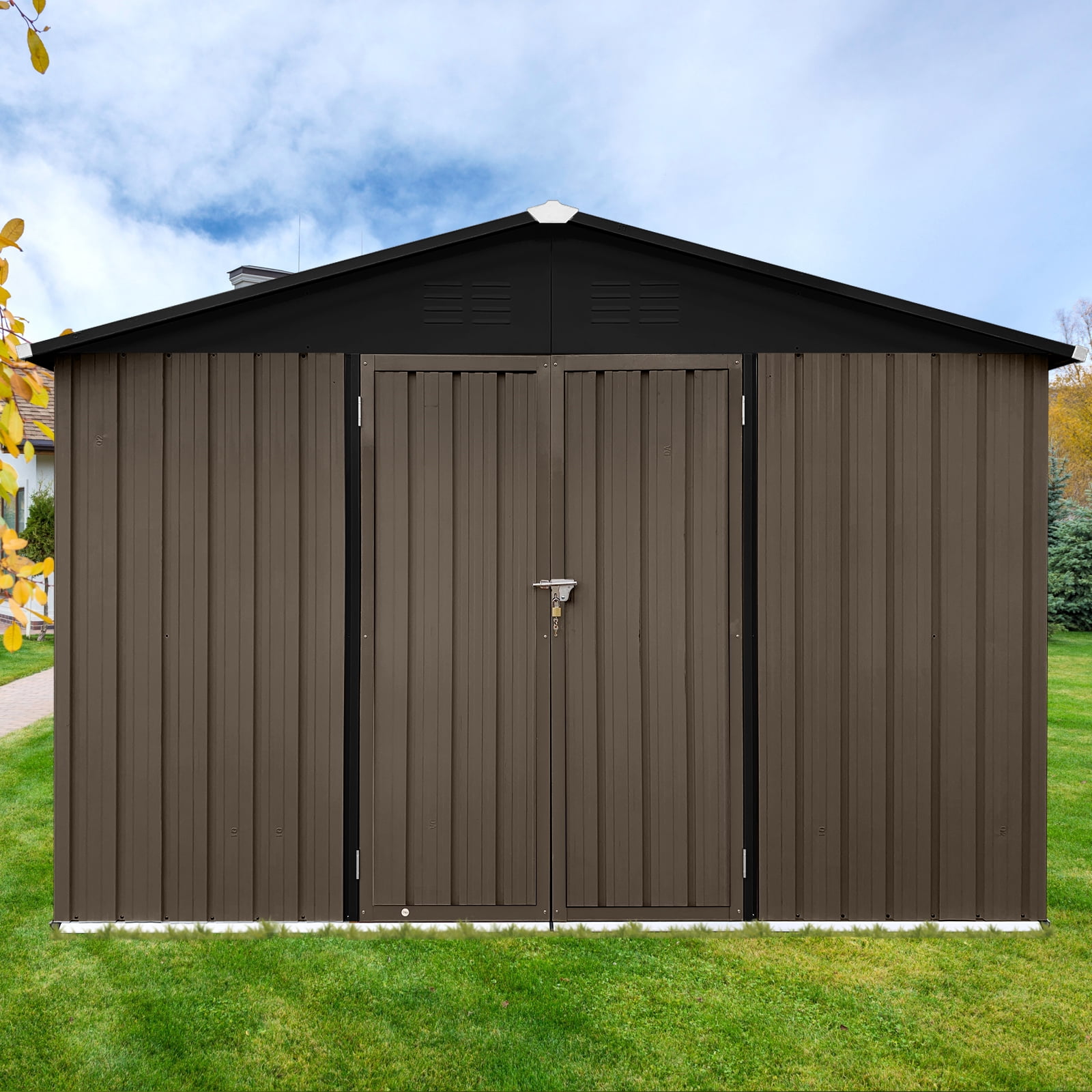 10x12FT Outdoor Metal Storage Shed Tool Bike Generator Weatherproof with Shutter Vents Floor for Garden Patio Backyard, Brown Black