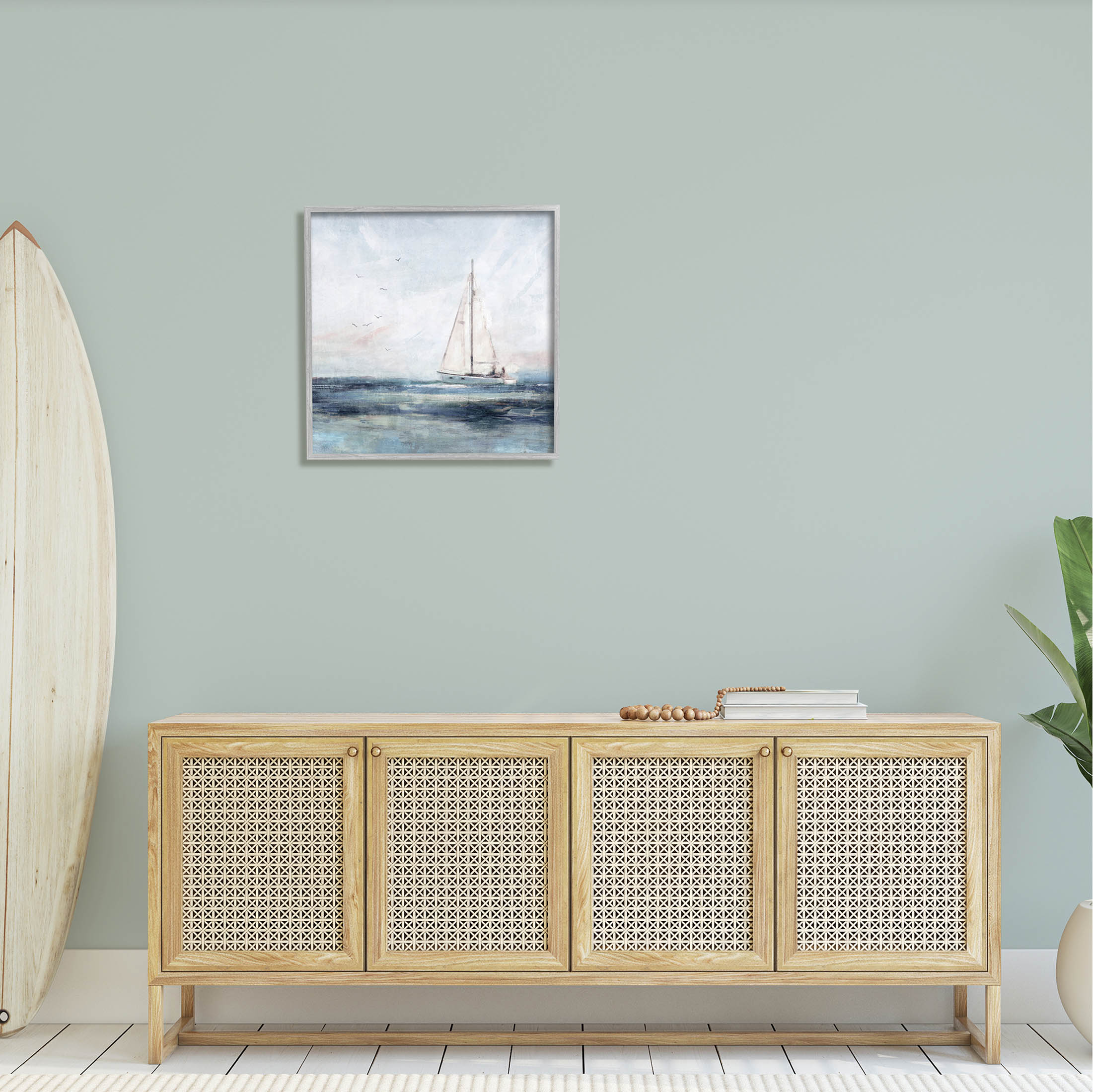 Stupell Industries Nautical Sailboat Soaring Ocean Birds Painting Gray Framed Art Print Wall Art, Design by Nina Blue